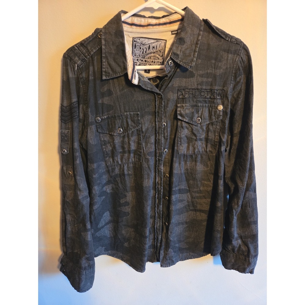 Affliction Womens Size Small Black Camouflage Button-down Shirt